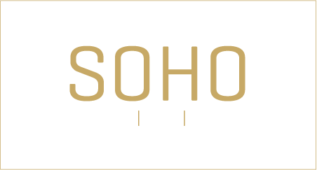 SOHO Barbershop, Spa, Hair Studio logo in gold and white