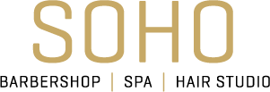 SOHO Barbershop, Spa, Hair Studio logo in gold and black